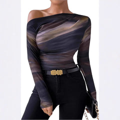 New Fashion Tie-dye Printed Asymmetric Ruffled Long-sleeved T-shirt - Otaj Gifts