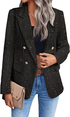 Women's Polyester Tweed Blazer With Fashion Casual Top Pockets - Otaj Gifts