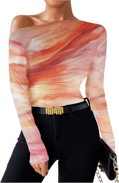 New Fashion Tie-dye Printed Asymmetric Ruffled Long-sleeved T-shirt - Otaj Gifts