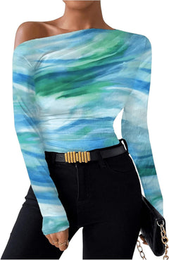 New Fashion Tie-dye Printed Asymmetric Ruffled Long-sleeved T-shirt - Otaj Gifts
