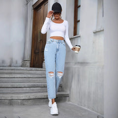 Women's Casual Loose Straight Ripped Denim Trousers - Otaj Gifts
