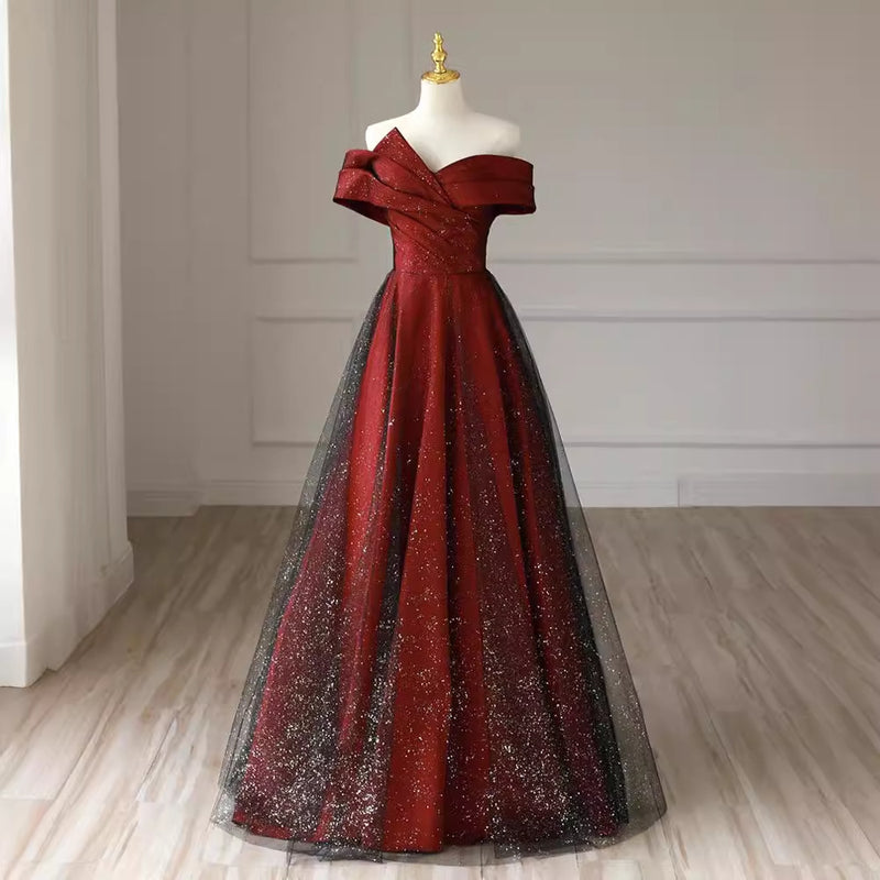Off-shoulder Red Wedding Dress Plus Size Slimming Engagement Dress - Otaj Gifts