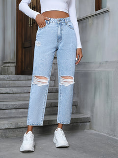 Women's Casual Loose Straight Ripped Denim Trousers - Otaj Gifts