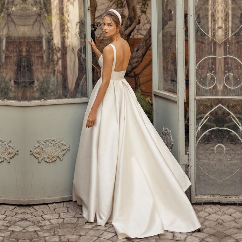 Strap Satin Light Wedding Dress Simple Trailing French Backless White Gauzy Dress - Otaj Gifts