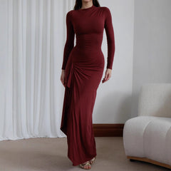 Slim-fitting Long-sleeved Asymmetric Split Dress Ins Fashion Solid Color Long Dresses For Women - Otaj Gifts