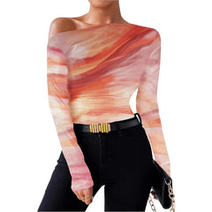 New Fashion Tie-dye Printed Asymmetric Ruffled Long-sleeved T-shirt - Otaj Gifts