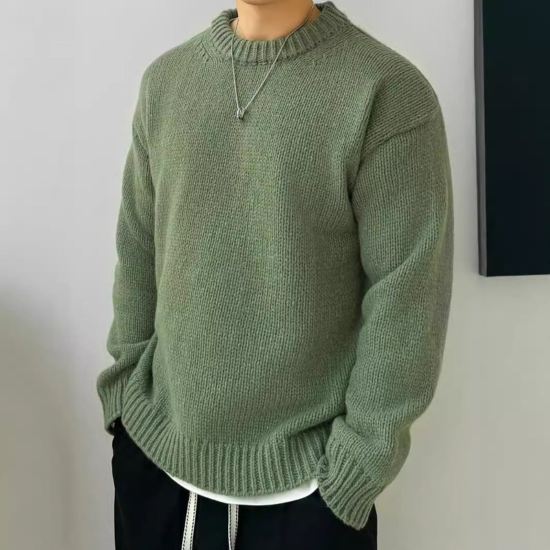 Solid Color Loose Knitted Pullover Leisure Japanese-style Retro Long Sleeve Round Neck Sweater Men - Otaj Gifts