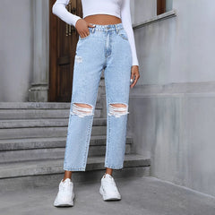 Women's Casual Loose Straight Ripped Denim Trousers - Otaj Gifts