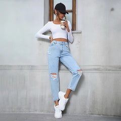 Women's Casual Loose Straight Ripped Denim Trousers - Otaj Gifts