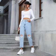 Women's Casual Loose Straight Ripped Denim Trousers - Otaj Gifts