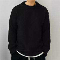 Solid Color Loose Knitted Pullover Leisure Japanese-style Retro Long Sleeve Round Neck Sweater Men - Otaj Gifts