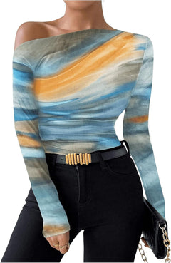 New Fashion Tie-dye Printed Asymmetric Ruffled Long-sleeved T-shirt - Otaj Gifts