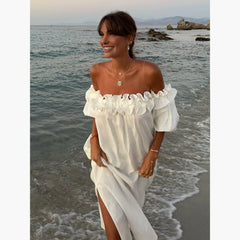 White Dress Women Halter Cotton Long Dress Lace Elegant Party Outfits - Otaj Gifts