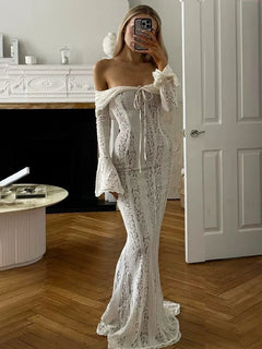 Tossy Autumn Lace Off-Shoulder Long Dress For Women See-Through Printed Lace-Up High Waist Luxury Female Elegant Party Dress New - Otaj Gifts