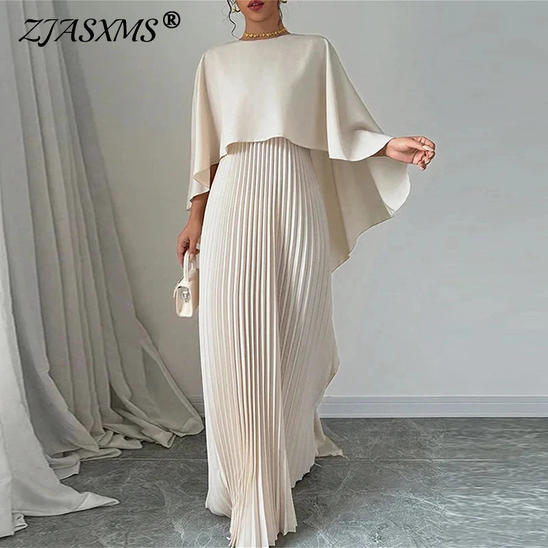 Elegant Crew Neck Pleated Dress Women Casual Solid Loose Long Cloak Sleeves - Otaj Gifts