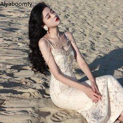 Summer Women Gorgeous Party Mermaid Prom Dress Spaghetti Strap Pearl Beading Ruffles Dress Feminine Backless Trumpet Long Dress - Otaj Gifts