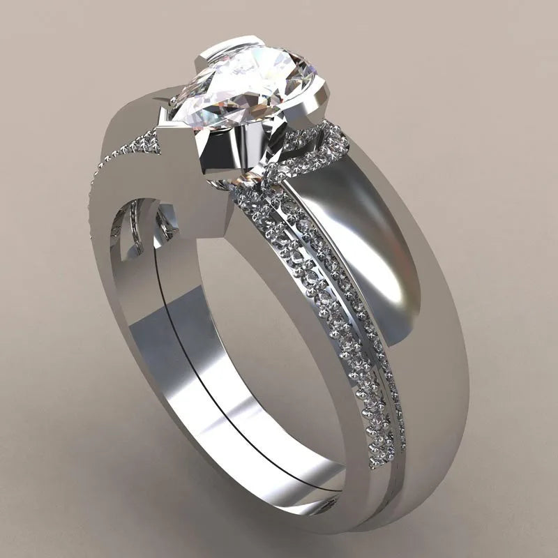Exquisite Women Silver Color Waterdrop Metal Inlaid White Round Zicron Stones Ring Set - Otaj Gifts