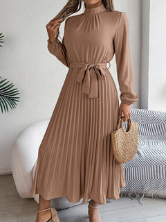 Elegant Pleated Long Dress Long Sleeveed Lace Up Dresses for Middle Eastern Women Spring and Summer Clothes - Otaj Gifts