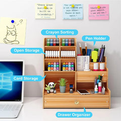 Wooden Desk Organiser DIY Desktop Tidy Pen Holder Large Capacity Stationery Storage Box with Drawer for Home Office and School - Otaj Gifts