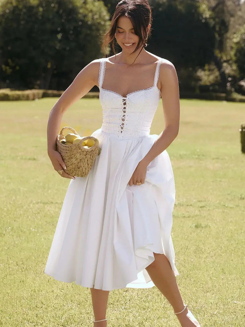 White Dress Women Halter Cotton Long Dress Lace Elegant Party Outfits - Otaj Gifts