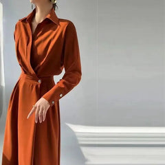 Summer Autumn New Elegant Fashion Solid Simple Waist Long Dress Women Polo-neck Temperament All-match Dresses Vestidos De Fiesta - Otaj Gifts