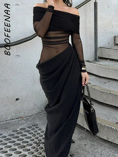 PixieKiki See Through Mesh Patchwork Black Long Dress Fall 2024 Sexy Elegant Off Shoulder Long Sleeve Cutout Dresses P66-EZ33 - Otaj Gifts