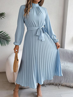 Elegant Pleated Long Dress Long Sleeveed Lace Up Dresses for Middle Eastern Women Spring and Summer Clothes - Otaj Gifts