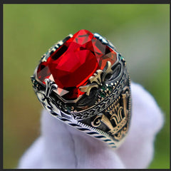 Retro Handmade Turkish Signet Rings for Men Ancient Silver Color Carved Mystic with Zircon Inlay - Otaj Gifts