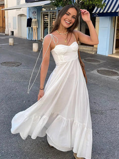 White Dress Women Halter Cotton Long Dress Lace Elegant Party Outfits - Otaj Gifts