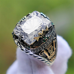Retro Handmade Turkish Signet Rings for Men Ancient Silver Color Carved Mystic with Zircon Inlay - Otaj Gifts
