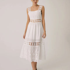 White Dress Women Halter Cotton Long Dress Lace Elegant Party Outfits - Otaj Gifts