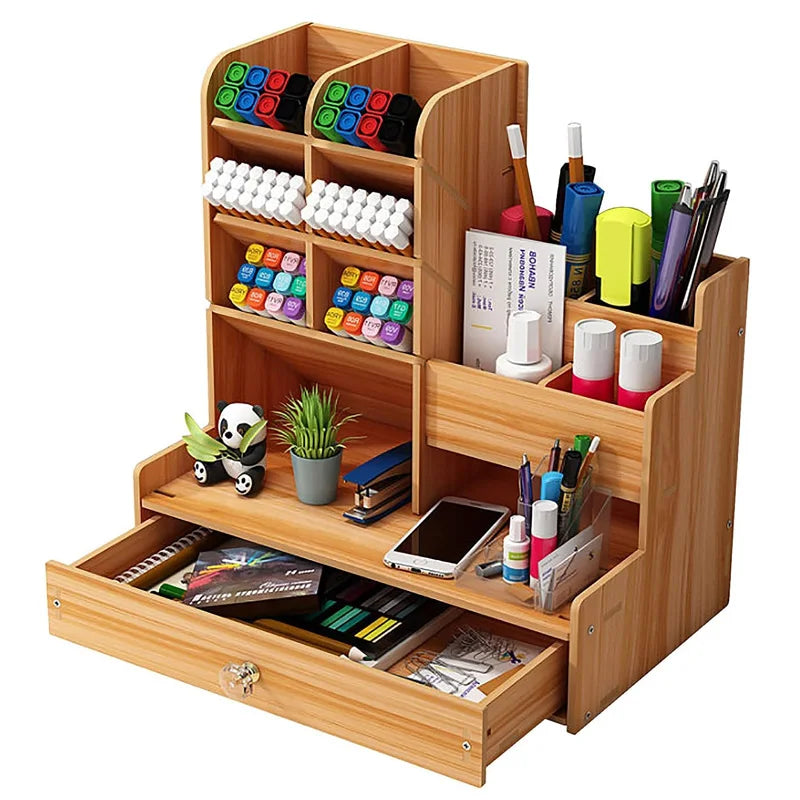 Wooden Desk Organiser DIY Desktop Tidy Pen Holder Large Capacity Stationery Storage Box with Drawer for Home Office and School - Otaj Gifts