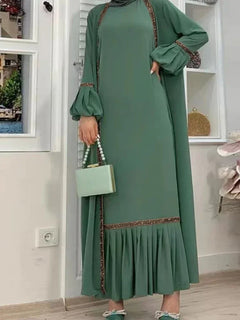 Muslim Women Hijab Dress 2 Piece Set Eid Lantern Sleeve Maxi Long Dress Islamic Clothing Caftan Kimono Big Swing Abaya Dresses - Otaj Gifts