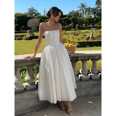 White Dress Women Halter Cotton Long Dress Lace Elegant Party Outfits - Otaj Gifts