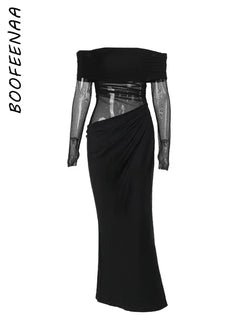 PixieKiki See Through Mesh Patchwork Black Long Dress Fall 2024 Sexy Elegant Off Shoulder Long Sleeve Cutout Dresses P66-EZ33 - Otaj Gifts