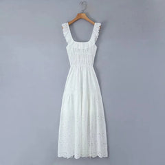White Dress Women Halter Cotton Long Dress Lace Elegant Party Outfits - Otaj Gifts