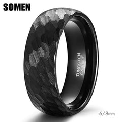 6 or 8mm Black Hammer Pattern Tungsten Carbide Brushed Ring - Otaj Gifts