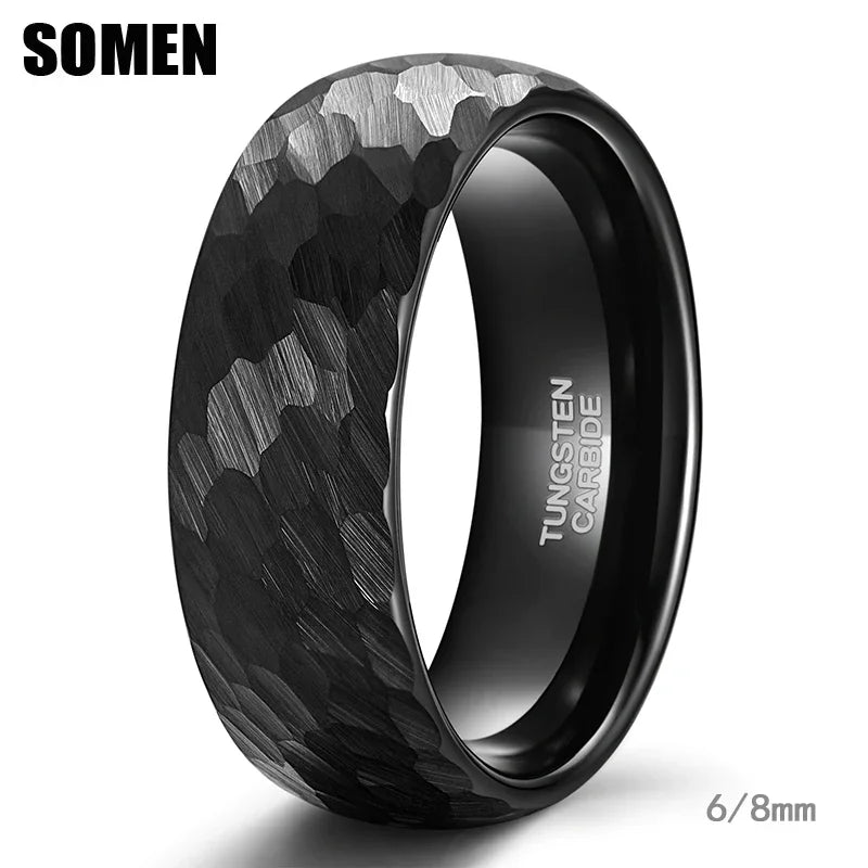 6 or 8mm Black Hammer Pattern Tungsten Carbide Brushed Ring - Otaj Gifts