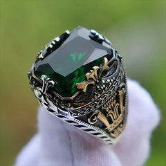 Retro Handmade Turkish Signet Rings for Men Ancient Silver Color Carved Mystic with Zircon Inlay - Otaj Gifts