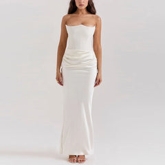 Elegant Strapless Patchwork Long Dress Women Slim Sleeveless Pleated Mermaid Dresses 2025 Spring Lady Evening Party Robe - Otaj Gifts