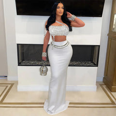 Rhinestone Dress 2 Piece Skirt Sets Elegant Luxury Long Dress 2024 Summer Clothes Sexy Club Outfit Crop Top Two Piece Skirt Sets - Otaj Gifts