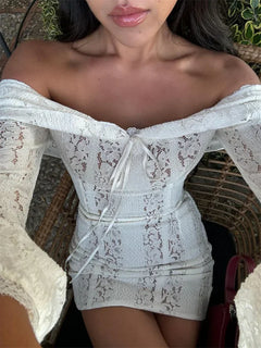 Tossy Autumn Lace Off-Shoulder Long Dress For Women See-Through Printed Lace-Up High Waist Luxury Female Elegant Party Dress New - Otaj Gifts