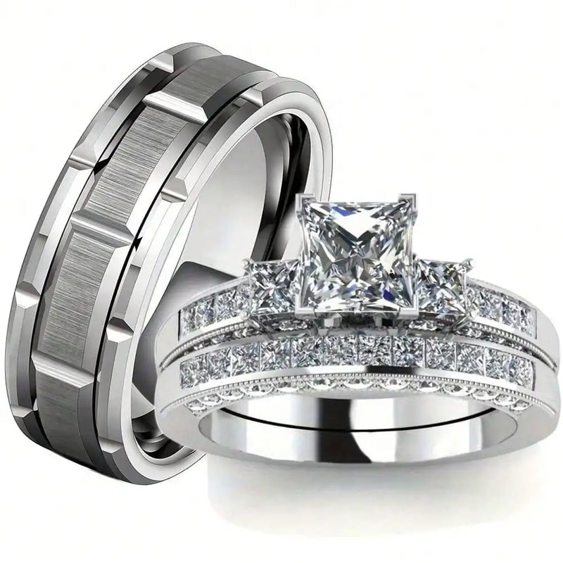 Fashion Silver Color Couple Rings Trendy Stainless Steel Men Rings Cute Women Rhinestones Zircon Rings Set - Otaj Gifts