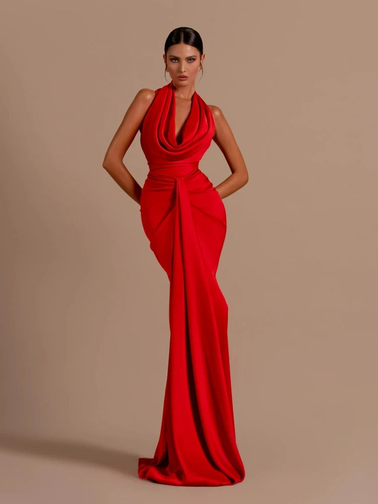 Sexy Swinging Collar Backless Pleated Long Dress Women Red Stain Sleeveless Draped Design Maxi Dress Celebrity Party Club Runway - Otaj Gifts