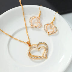 3 Pcs Set Heart Shaped Jewelry Set Of Earrings Pendant Necklace For Women Exquisite Fashion Rhinestone Double Heart Jewelry Set - Otaj Gifts