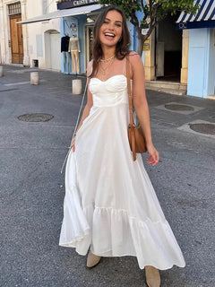 White Dress Women Halter Cotton Long Dress Lace Elegant Party Outfits - Otaj Gifts