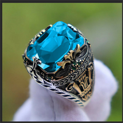 Retro Handmade Turkish Signet Rings for Men Ancient Silver Color Carved Mystic with Zircon Inlay - Otaj Gifts