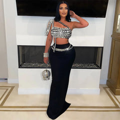 Rhinestone Dress 2 Piece Skirt Sets Elegant Luxury Long Dress 2024 Summer Clothes Sexy Club Outfit Crop Top Two Piece Skirt Sets - Otaj Gifts