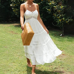 White Dress Women Halter Cotton Long Dress Lace Elegant Party Outfits - Otaj Gifts
