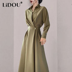 Summer Autumn New Elegant Fashion Solid Simple Waist Long Dress Women Polo-neck Temperament All-match Dresses Vestidos De Fiesta - Otaj Gifts